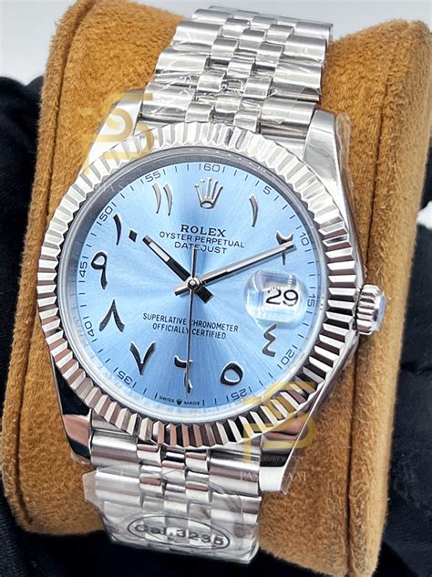 rolex datejust baby blue arabic dial|rolex datejust 41 arabic numerals.